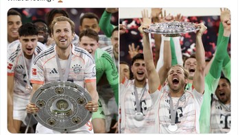 Harry Kane memajang momen dia mengangkat trofi Bundesliga yang ia menangkan bersama Bayern Munich. Foto: X.com
