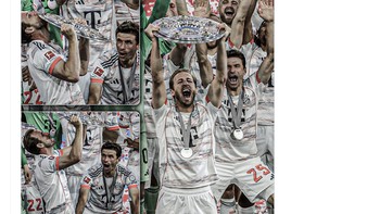 Thomas Muller terlihat sangat senang menyaksikan Kane mengangkat trofi. Foto: X.com