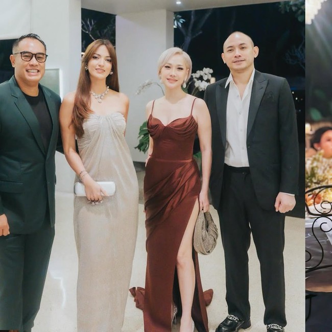 Nia melengkapi penampilanya dengan kalung model chandelier choker berhias berlian, serta clutch berwarna senada gaunnya. Foto: Instagram/@ramadhaniabakrie