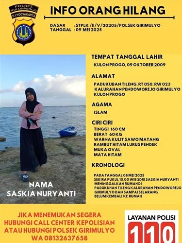 Saskia Nuryanti (15), gadis asal Girimulyo, Kulon Progo, yang dilaporkan 4 hari menghilang. Foto diunggah Senin (12/5/2025).