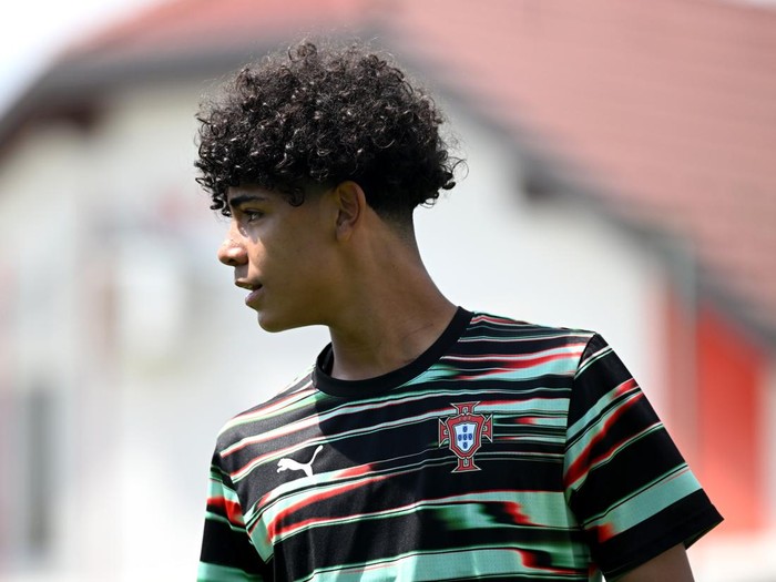 ZAGREB, CROATIA - MAY 13: Cristiano Ronaldo Jr of Portugal looks on as he warms up prior to the Men's U15 International match between Portugal and Japan as part of the Vlatko Markovic tournament at Stadium Sveti Martin na Muri on May 13, 2025 in Zagreb, Croatia. (Photo by Jurij Kodrun/Getty Images)