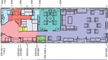 Pesawat ini memiliki lounge utama yang dapat menampung hingga 16 orang dan memiliki kantor pribadi (yang berwarna hijau) yang dapat menampung 4 orang dan memiliki toilet pribadi. Ada juga beberapa dapur di ujung lorong dari lounge utama. Foto: AMAC Aerospace