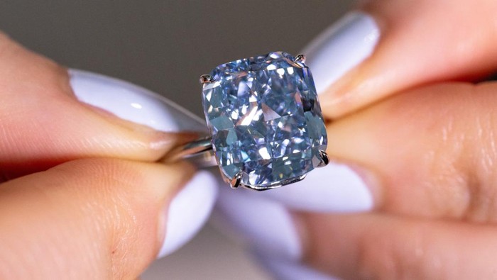 Penampakan Berlian Biru Langka yang Dilelang dengan Harga Fantastis A Sotheby’s staff holds
