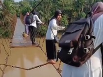 Bertaruh Nyawa Guru Pergi Mengajar Lewati Jembatan Berpijak di Tali