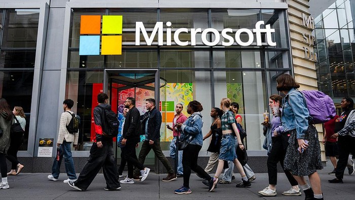 NEW YORK, NEW YORK - MAY 13: A view of the Microsoft corporate logo in front of the Microsoft Office building on 41st street and 8th avenue on May 13, 2025 in New York City. (Photo by Craig T Fruchtman/Getty Images)