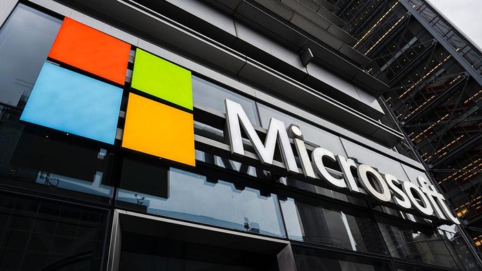 NEW YORK, NEW YORK - MAY 13: A view of the Microsoft corporate logo in front of the Microsoft Office building on 41st street and 8th avenue on May 13, 2025 in New York City. (Photo by Craig T Fruchtman/Getty Images)