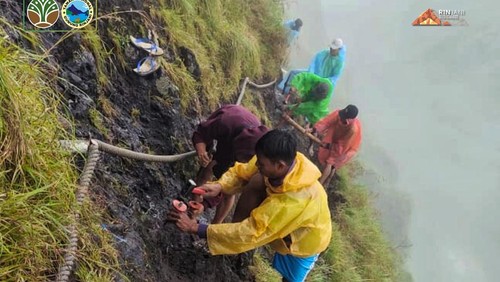 Tim pemeliharaan dari Balai TNGR sedang melakukan perbaikan jalur pendakian Torean menuju Gunung Rinjani.