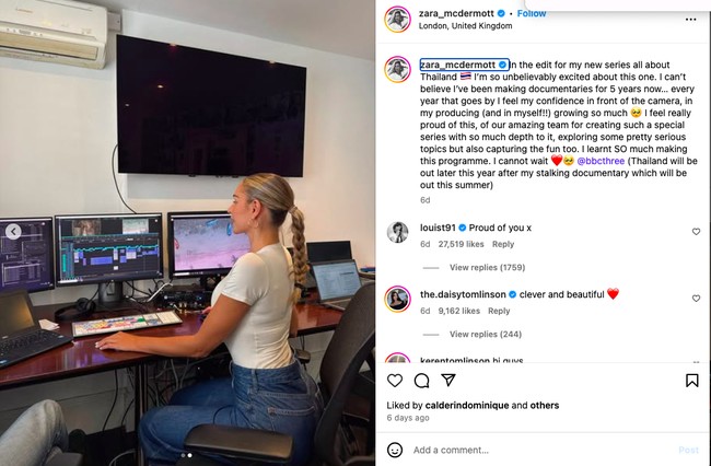 Postingan tersebut mendapat banyak perhatian, termasuk dari pacarnya, Louis Tomlinson. Di kolom komentar, mantan personel One Direction menuliskan ‘proud of you x’ untuk menunjukkan rasa bangga dan cintanya kepada Zara. Foto: Instagram @zara_mcdermott