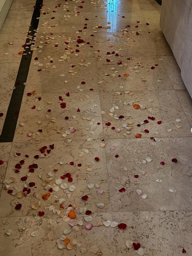 Romantis, tak hanya meja makan yang sudah didekorasi sedemikian rupa, jalanan menuju ruang makan juga ditaburi dengan kelopak bunga mawar. Kejutan tersebut sekaligus untuk merayakan hari Ibu internasional yang jatuh pada 11 Mei. Foto: Instagram/@aaliyah.massaid