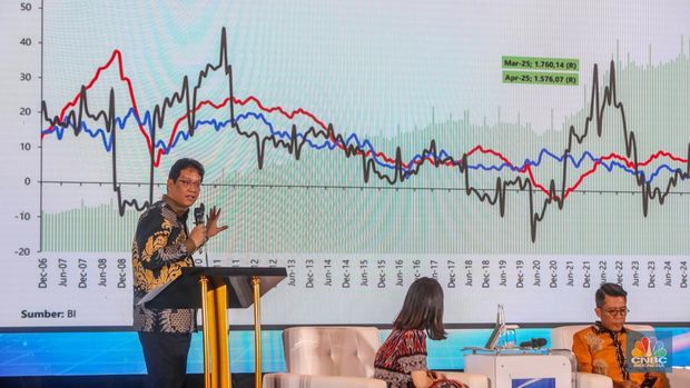 Ketua Dewan Komisioner LPS, Purbaya Yudhi Sadewa menyampaikan paparan dalam CNBC Indonesia Investment Forum 2025 di Jakarta, Jumat (16/5/2025). (CNBC Indonesia/Faisal Rahman)