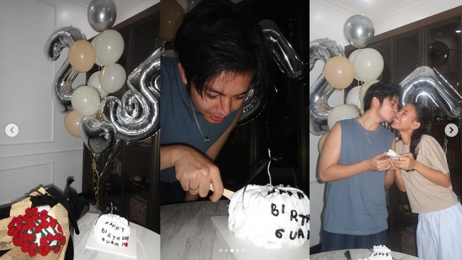 Sebagai pasangan yang baru menikah keduanya juga memamerkan momen mesra mereka. Salah satunya saat Angga mengecup pipi Shenina sambil memberinya potongan kue ulang tahun. Foto: Instagram/@angga