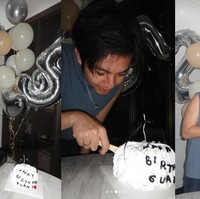 Sebagai pasangan yang baru menikah keduanya juga memamerkan momen mesra mereka. Salah satunya saat Angga mengecup pipi Shenina sambil memberinya potongan kue ulang tahun. Foto: Instagram/@angga