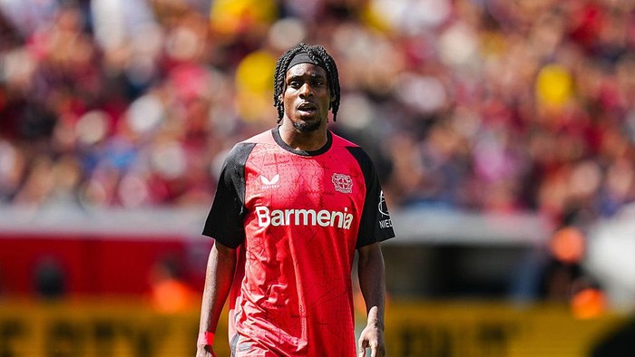 Jeremie Frimpong of Bayer 04 Leverkusen  looks on  during the 1.Bundesliga match between Bayer 04 Leverkusen and Borussia Dortmund at BayArena, Leverkusen, Germany on May 11, 2025.  (Photo by Ulrik Pedersen/NurPhoto via Getty Images)