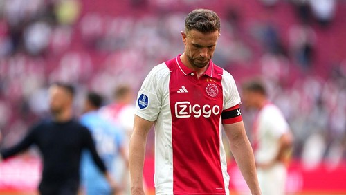 AMSTERDAM, NETHERLANDS - MAY 11: Jordan Henderson #6 of Ajax reacts following his teams 3-0 loss to NEC Nijmegen in the the Eredivisie match at Johan Cruyff Arena on May 11, 2025 in Amsterdam, Netherlands. (Photo by Alex Bierens de Haan/Getty Images)