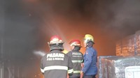 Foto: Petugas damkar berjibaku memadamkan api yang menghanguskan sebuah pabrik pengolahan karet di kawasan By Pass Lubuk Begalung, Padang, Sumbar. (Jeka Kampai/detikSumut)