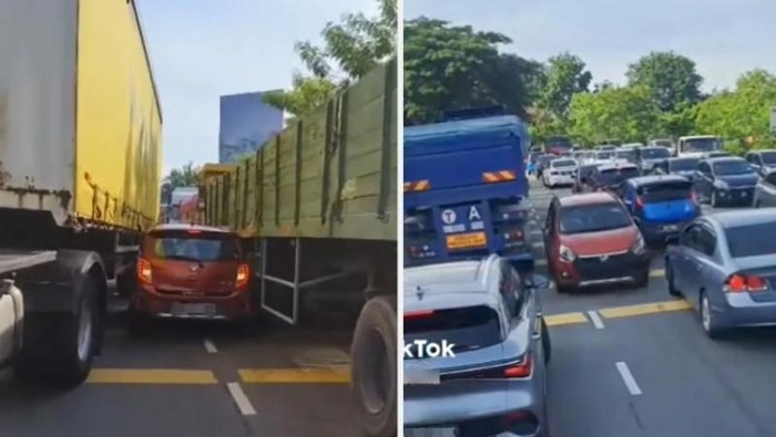 Perodua Axia nyangkut di truk gegara lawan arah