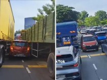 Pemobil Nekat Lawan Arus pas Lagi Macet: Tabrak Vios-Endingnya Nyangkut di Truk