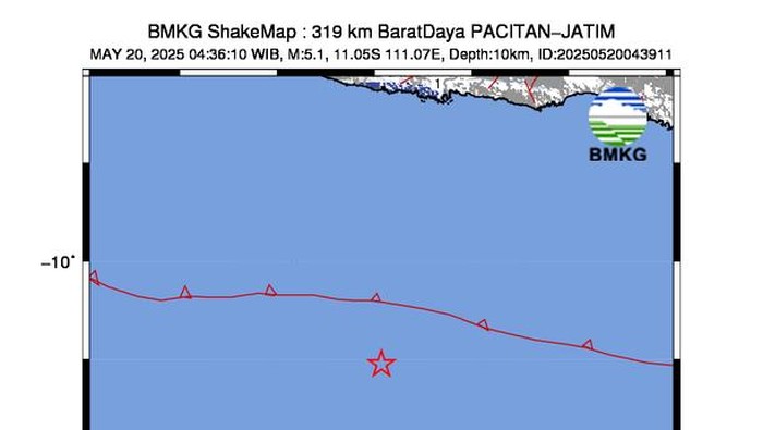 Lokasi gempa M 5,1 yang guncang Pacitan
