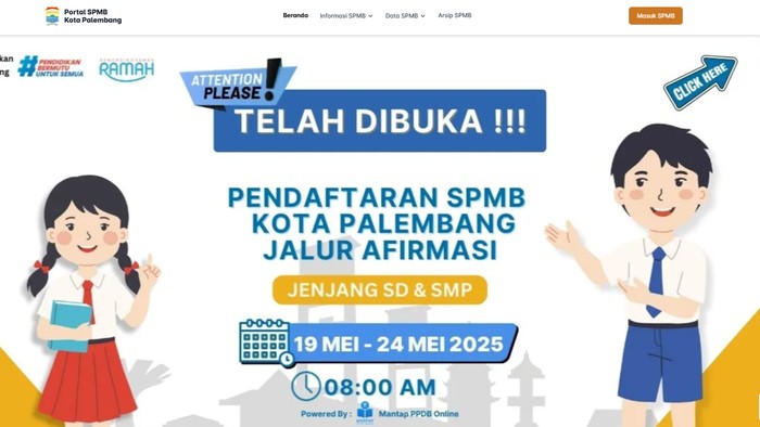 Pendafatran SPMB Kota Palembang Jalur Afirmasi dibuka.