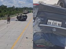 Pecah Ban, Mobil Innova Terguling di Tol Bayung Lencir-Tempino