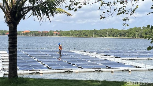 Seorang petugas mengecek panel PLTS terapung Waduk Muara Nusa Dua Pemogan di Kawasan Tahura Ngurah Rai, Selasa (20/5/2025).