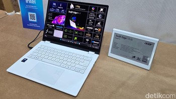 Beragam produk andalan terbaru Acer ditampilkan, termasuk Acer Swift Edge 14 AI ini. Laptop super ringan ini dibekali AI dan spesifikasi mumpuni. Foto: Fino Yurio Kristo/detikINET