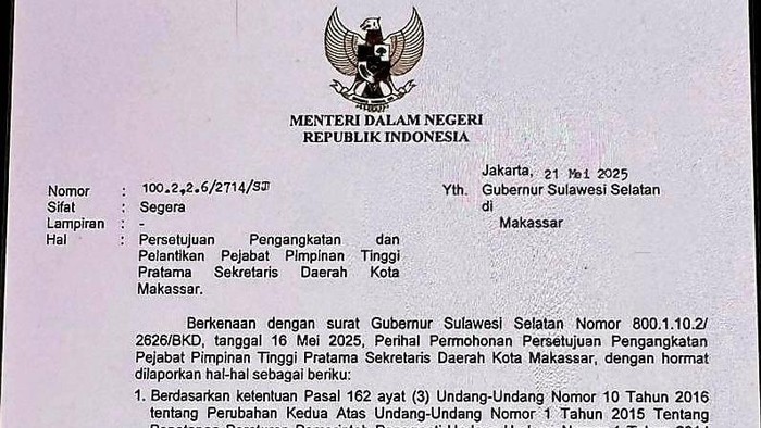 Beredar surat Kemendagri yang menyetujui pelantikan Andi Zulkifly sebagai Sekda Makassar.