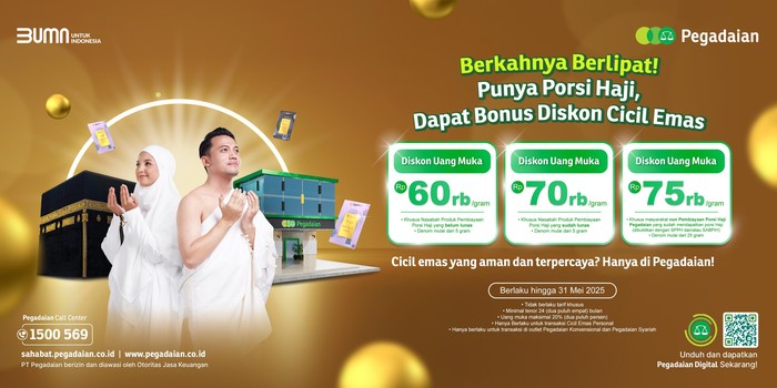 Pegadaian menghadirkan diskon uang muka untuk program Cicil Emas bagi nasabah Pembiayaan Porsi Haji (Arrum haji).