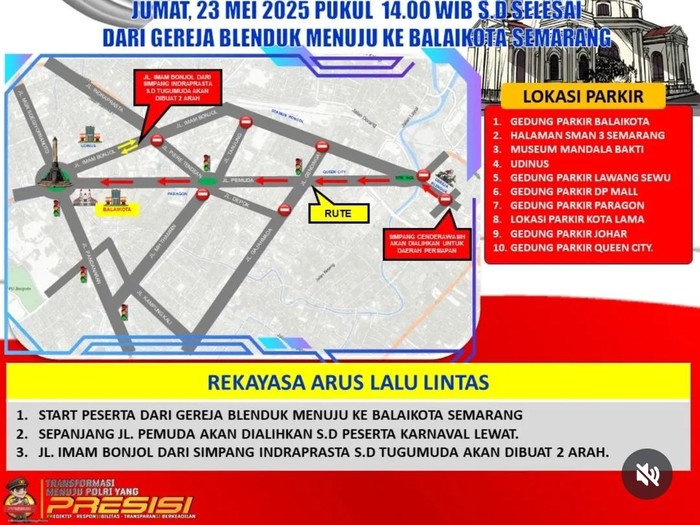 Poster pengalihan arus lalu lintas saat karnaval Paskah di Kota Semarang, Jumat (23/5/2025).