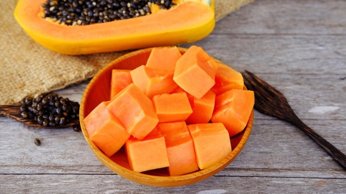 Healthy of sweet papaya slices on plate and wooden background. Healthy food and close up.