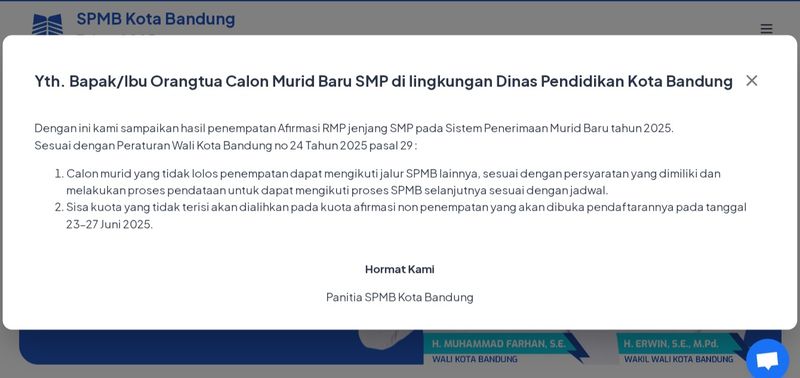 Pengumuman Penempatan Afirmasi RMP SPMB Kota Bandung 2025