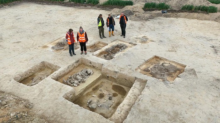 19 May 2025, Saxony-Anhalt, Bahrendorf: A skeleton of an approximately 35-year-old man from the transition from the Neolithic to the Bronze Age with a vessel as grave goods. A 4000-year-old burial ground was found on the construction site for the future SuedOstLink power line. The Saxony-Anhalt State Office for the Preservation of Monuments and Archaeology is carrying out archaeological excavations along the route. Photo: Heiko Rebsch/dpa (Photo by Heiko Rebsch/picture alliance via Getty Images)