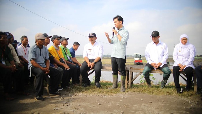 Wakil Presiden (Wapres) Gibran Rakabuming bersama Menteri Pertanian Amran Sulaiman melakukan kunjungan kerja ke Desa Sidorejo, Kecamatan Geneng, Kabupaten Ngawi, Jawa Timur, Sabtu (24/5). Pada kunjungan tersebut, Wapres dan Mentan bersama petani setempat, menanam padi varietas unggul Inpari 32 dengan produktivitas mencapai 8-8,5 ton per hektare.