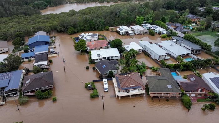 A drone view of flooding around Settlement Point Road, in Port Macquarie, New South Wales, Australia, May 22, 2025. AAP/Lindsay Moller/via REUTERS    ATTENTION EDITORS - THIS IMAGE WAS PROVIDED BY A THIRD PARTY. NO RESALES. NO ARCHIVE. AUSTRALIA OUT. NEW ZEALAND OUT. NO COMMERCIAL OR EDITORIAL SALES IN NEW ZEALAND. NO COMMERCIAL OR EDITORIAL SALES IN AUSTRALIA.