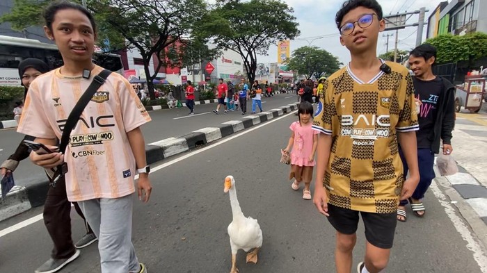 Warga Depok Naufal membawa hewan peliharaan soang saat CFD di Margonda