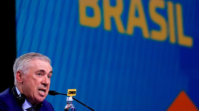 RIO DE JANEIRO, BRAZIL - MAY 26: Carlo Ancelotti is introduced as the new coach of the Brazilian national football team during a press conference at Grand Hyatt Hotel on May 26, 2025 in Rio de Janeiro, Brazil.  (Photo by Buda Mendes/Getty Images)