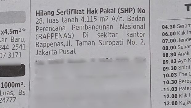 Iklan sertifikat hilang milik Bappenas/Kementerian PPN