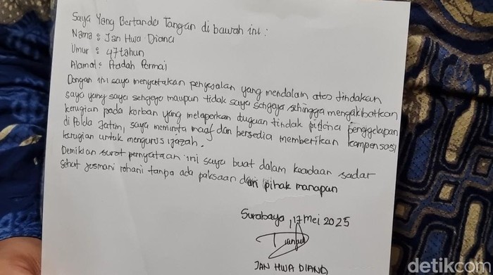 Isi surat permintaan maaf Jan Hwa Diana