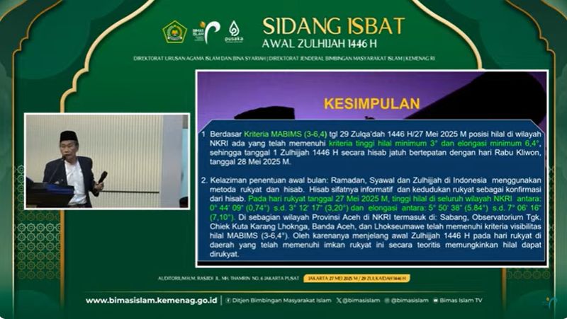 Anggota Tim Hisab Rukyat Kemenag Cecep Nurwendaya  saat memaparkan hasil hisab posisi hilal 1 Zulhijah 1446 H di  Auditorium HM. Rasjidi Kemenag, Jakarta Pusat, Selasa (27/5/2025).