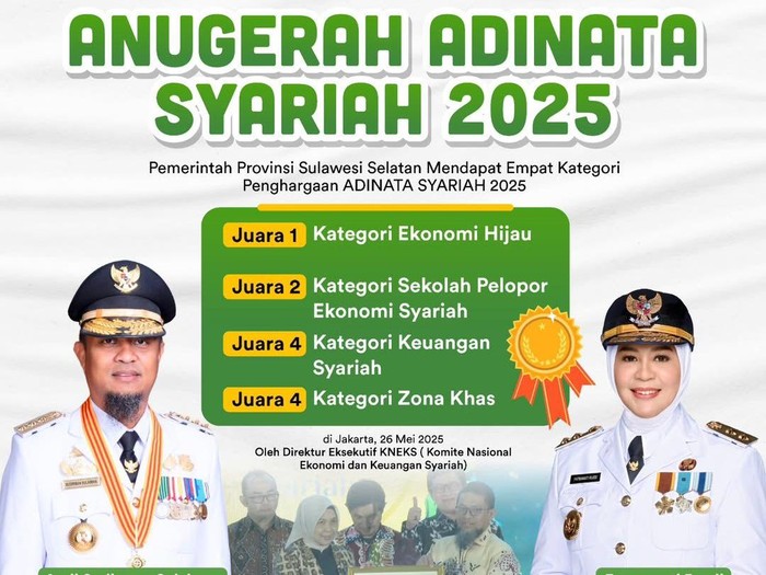 Pemprov Sulsel raih 4 penghargaan Adinata Syariah 2025.