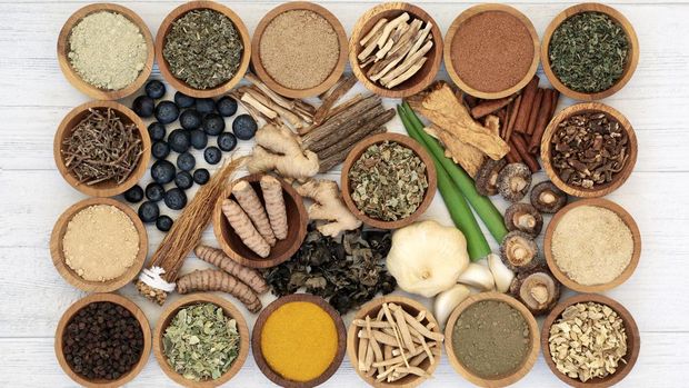 Adaptogen health food with herbs, spices, fruit & supplement powders. Natural plant based foods that help the body deal with stress & promote or restore normal physiological functions. On rustic wood.