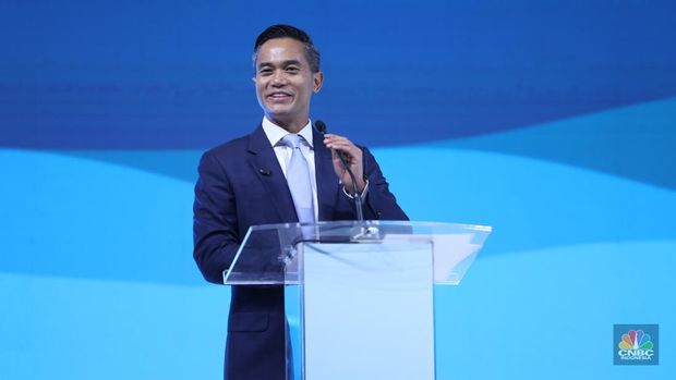 Ketua Umum Kadin, Anindya Bakrie di acara Indonesia Maritime Week 2025 di Jakarta International Convention Centre (JICC), Senayan, Jakarta, Rabu (28/5/2025). (CNBC Indonesia/Tri Susilo)
