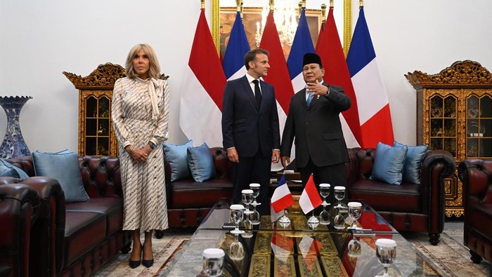 Macron penasaran dengan lukisan yang ada di ruang kerja Prabowo (Cahyo - Biro Pers Sekretariat Presiden)