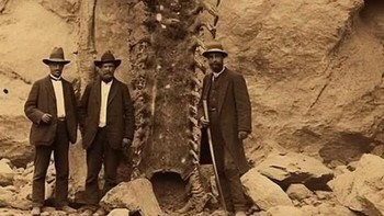 Bayangkan kolom tulang belakang raksasa, membatu laksana monumen di ngarai Amerika Barat. Foto sepia menangkap momen akhir abad ke-19 atau awal abad ke-20: pemburu fosil kerdil di samping tulang belulang kolosal, kemungkinan milik Sauropoda Jurassic Akhir atau Elasmosaurus raksasa. Temuan ini menandai zaman keemasan paleontologi, saat misteri Bumi prasejarah baru mulai terkuak dari dalam batu, mengungkap kisah raksasa laut yang telah lama hilang. Foto: Boredpanda