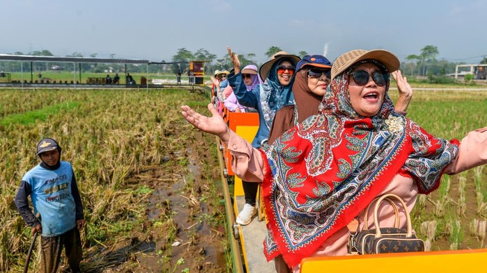 Kereta Sawah Kiangroke, Wisata Murah Bernuansa Alam Pengunjung menaiki kereta di Desa Wisata Kiangroke, Banjaran, Kabupaten Bandung, Jawa Barat, Kamis (29/5/2025). Warga bekerja sama dengan pemerintah Desa Kiangroke, Kecamatan Banjaran untuk membuat wahana kereta api di tengah ladang persawahan yang ditujukan sebagai salah satu langkah menciptakan lapangan pekerjaan bagi warga sekitar dan meningkatkan kunjungan wisatawan serta memberikan alternatif wisata bagi masyarakat dengan tarif Rp15.000 satu putaran. ANTARA FOTO/Raisan Al Farisi/rwa.