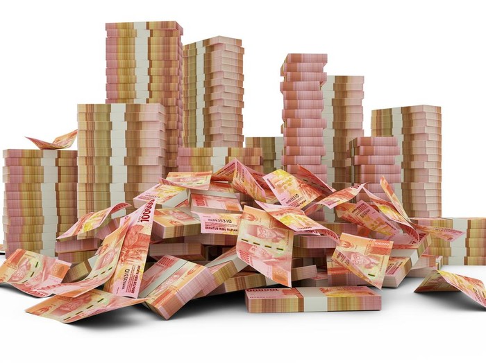 Big stacks of 100000 Indonesian rupiah notes. A lot of money isolated on white background. 3d rendering of bundles of cash