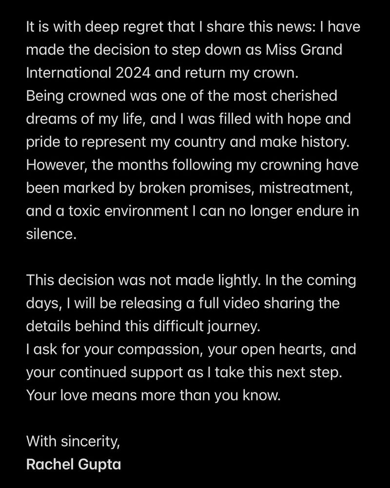 Pernyataan tertulis Rachel Gupta yang mundur sebagai Miss Grand International 2024.