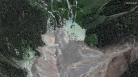 A satellite image shows the closer view of destroyed houses and blocked Ionza River, after a glacier in the Swiss Alps partially collapsed and tumbled onto the village, in Blatten, Switzerland May 29, 2025. Maxar Technologies/Handout via REUTERS  THIS IMAGE HAS BEEN SUPPLIED BY A THIRD PARTY. NO RESALES. NO ARCHIVES. MANDATORY CREDIT.  MUST NOT OBSCURE LOGO.
     TPX IMAGES OF THE DAY