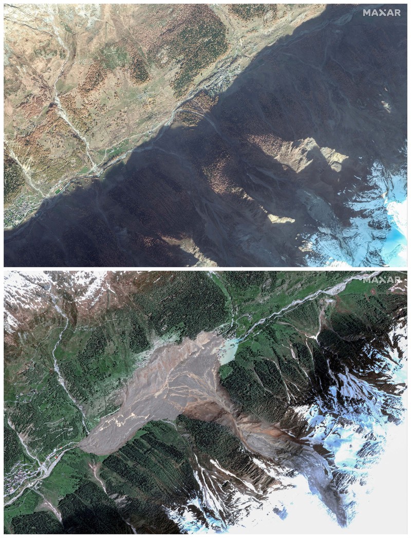 A satellite image shows the closer view of destroyed houses and blocked Ionza River, after a glacier in the Swiss Alps partially collapsed and tumbled onto the village, in Blatten, Switzerland May 29, 2025. Maxar Technologies/Handout via REUTERS  THIS IMAGE HAS BEEN SUPPLIED BY A THIRD PARTY. NO RESALES. NO ARCHIVES. MANDATORY CREDIT.  MUST NOT OBSCURE LOGO.
     TPX IMAGES OF THE DAY