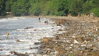 Arus deras yang melewati pintu Bendung Neyama menjadi jalur utama masuknya limbah ke laut. Situasi ini tidak hanya mengganggu pariwisata, tetapi juga menimbulkan kekhawatiran akan dampak lingkungan jangka panjang jika tidak segera dilakukan pembersihan menyeluruh. (ANTARA FOTO/Destyan Sujarwoko)